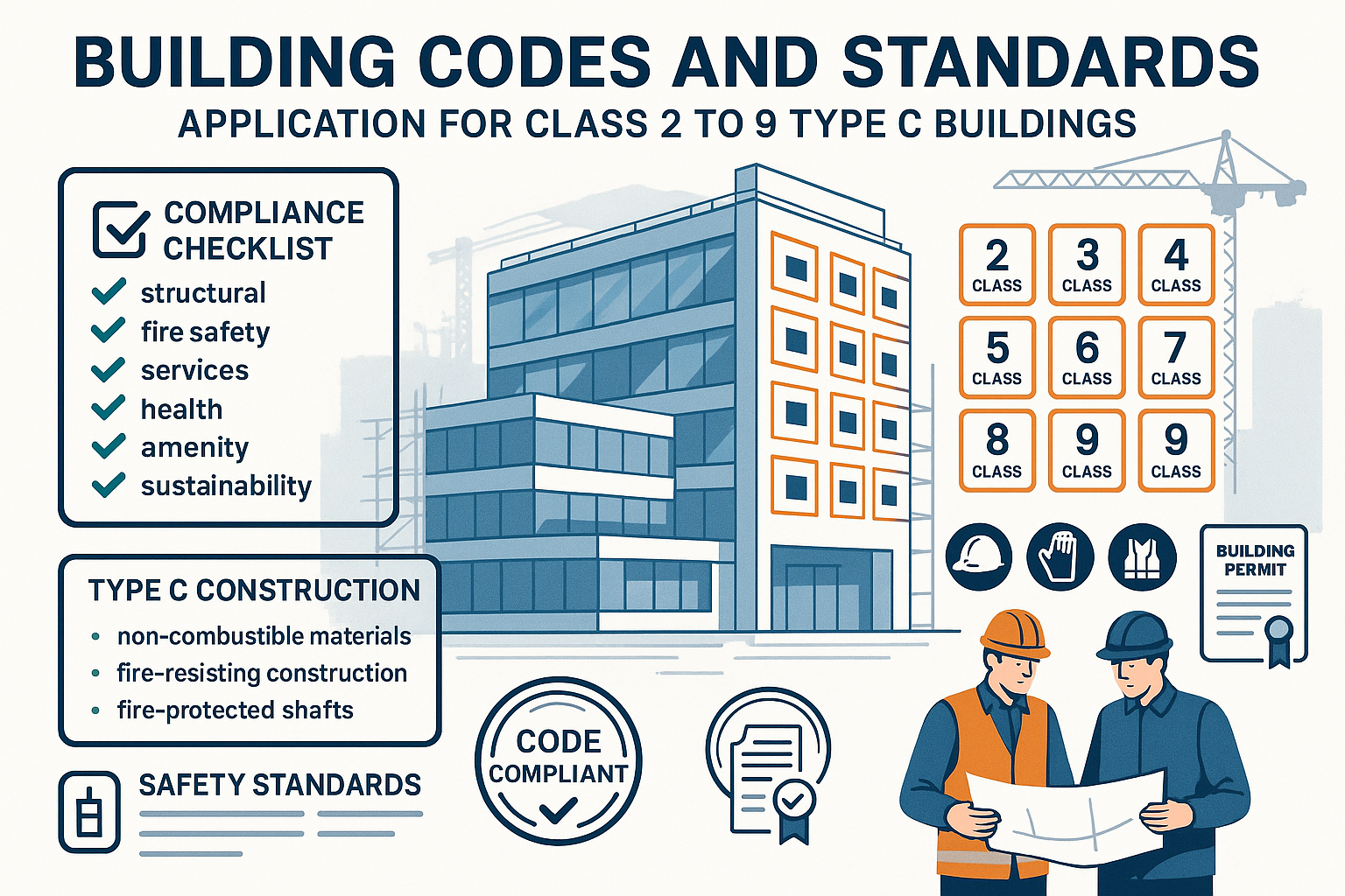 Apply building codes and standards to the construction process for Class 2 to 9 Type C buildings